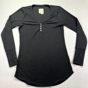 Chaser Black Waffle Knit Long Sleeve Button Cuff 1/4 Button Shirt Top Sz S‎